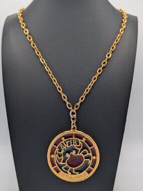 Vintage LISNER Zodiac Cancer Pendant Necklace 1970s Stained Glass Enamel Long